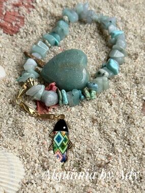 Aqua Green Amazonite and aquamarine & Enamel Fish Charm Bracelet